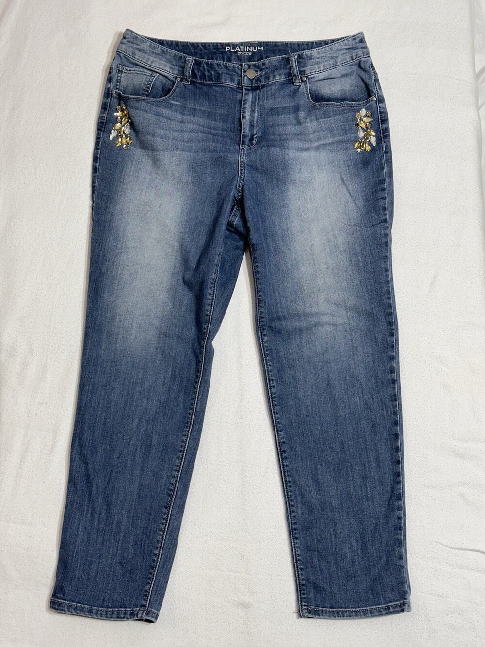 Chico's Platinum Dazzle Jeans Womens Sz 2 Embellished Embroidered Denim 36x28.5”